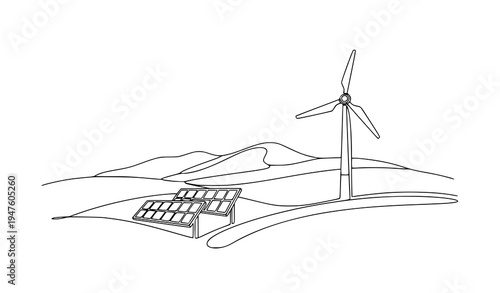 Continuous line renewable energy landscape with solar panels and wind turbine minimal vector illustration