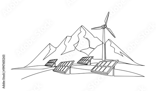Minimal continuous line solar panel and wind turbine eco landscape renewable energy vector