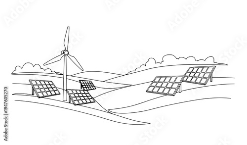 Monoline renewable energy scene with wind turbine and solar panel farm continuous line vector
