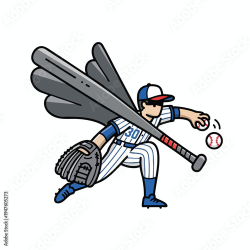 Animated baseball player in uniform with bat, glove, and ball; stylized