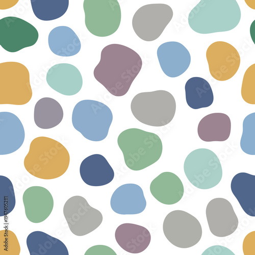 Seamless pattern of organic, rounded shapes in muted pastel colors on a white background
