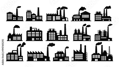 A collection of industrial factory buildings with smokestacks