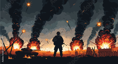 A lone soldier stands amidst wartime devastation explosions and smoke a striking silhouette high quality professional