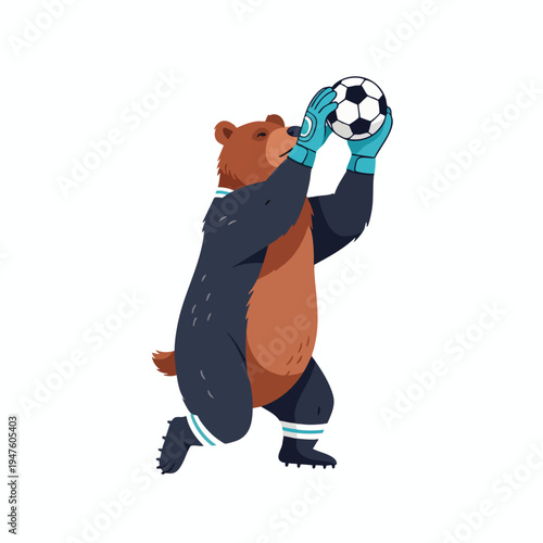 Brown bear in soccer goalie uniform catches a ball
