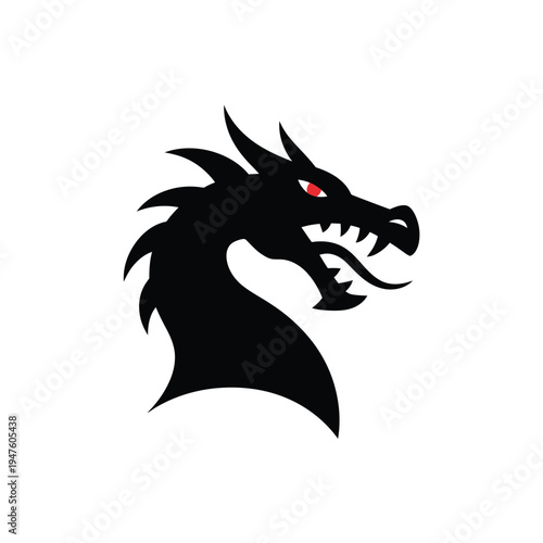A striking black silhouette of a dragon s head with glowing red eyes