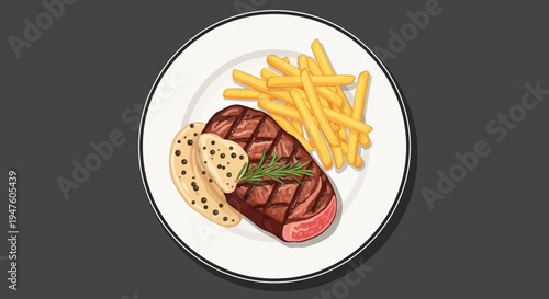 Grilled steak with fries and bread on a plate indoors closeup