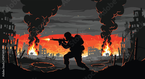 A lone soldier fights amidst a war torn cityscape with fiery explosions a stark silhouette