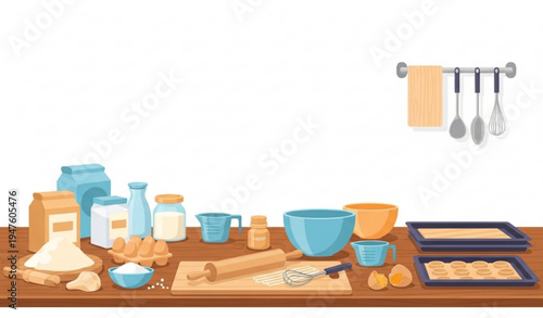 Professional vector illustration of modern kitchen countertop with baking setup