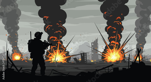 A lone soldier stands amidst a fiery war torn landscape depicted as a striking silhouette high quality