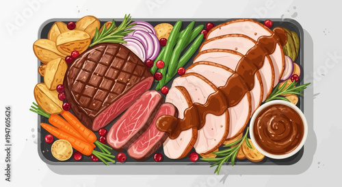 A roasted meat platter with assorted vegetables and gravy is served on a black tray.