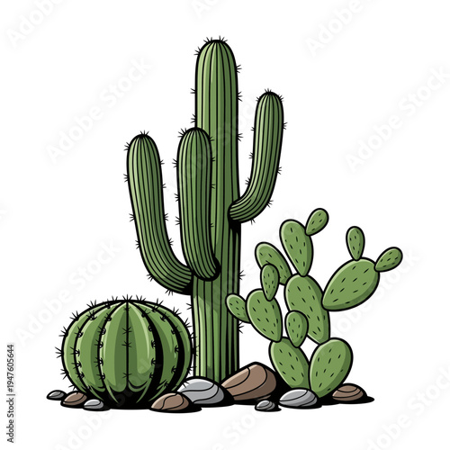 Three types of green cacti plants.