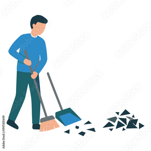 A man sweeps broken glass on the floor with a broom and dustpan.