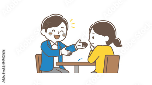 Smiling man extends hand to comfort or explain to a hesitant woman illustration