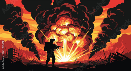 A lone soldier stands before a fiery explosion and devastated landscape a dramatic silhouette high quality