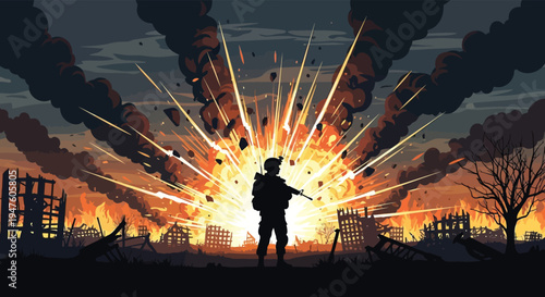 A lone figure stands amidst a fiery devastated cityscape witnessing a large explosion silhouette