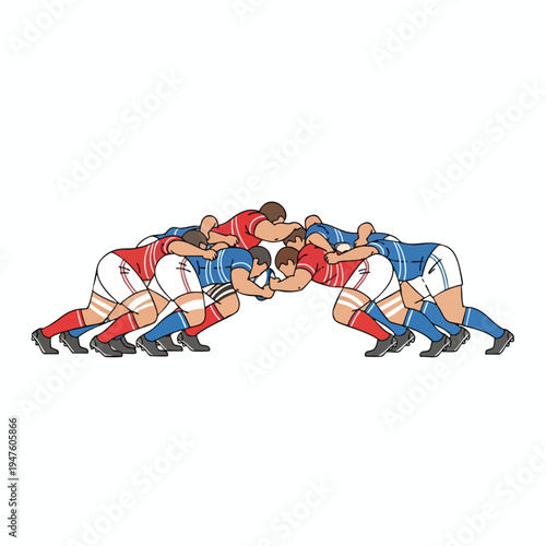 Two opposing rugby teams in a scrum, locked together, one ball visible