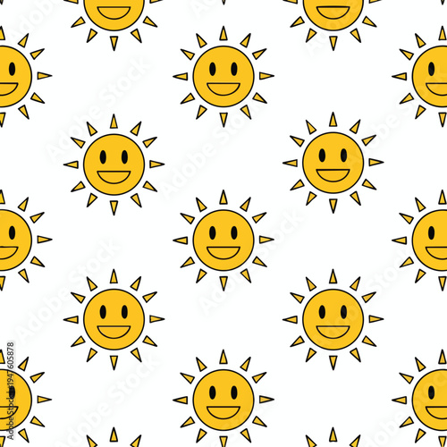 A cheerful, stylized sun with a smiling face and triangular rays repeats