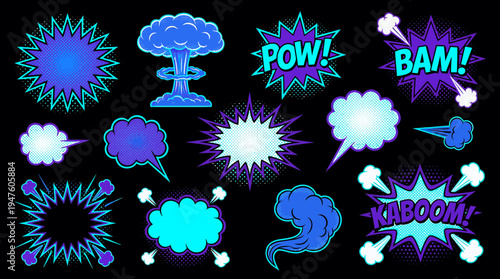 Collection of neon comic speech bubbles and explosion bursts with halftone patterns on black background, concept for graphic design assets, pop art storytelling and dynamic advertising