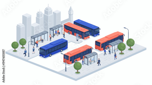 Isometric urban bus terminal with city commuters and corporate professionals waiting at shelters among skyscrapers, concept for public transport, smart city and commuting logistics