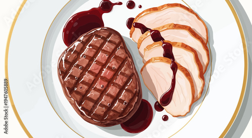 Grilled steak and sliced meat on a plate with sauce