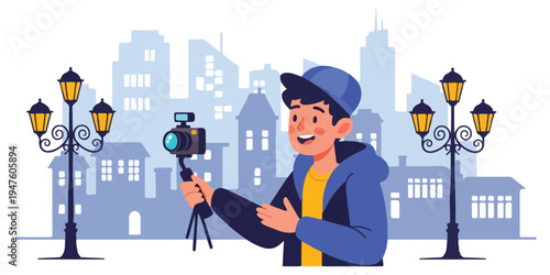 Young man filming a vlog with a camera and selfie stick in a city street