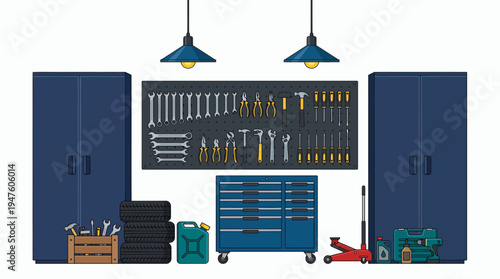Organized car workshop interior with tool cabinets, pegboard and equipment in blue flat style, concept for automotive service maintenance, garage organization and repair industry