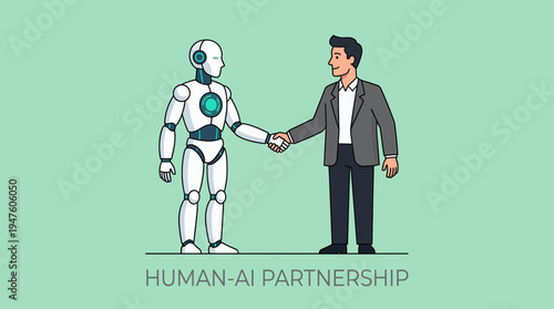 Professional male CEO in suit shaking hands with white futuristic robot on green background with text, concept for digital transformation, artificial intelligence integration and synergy