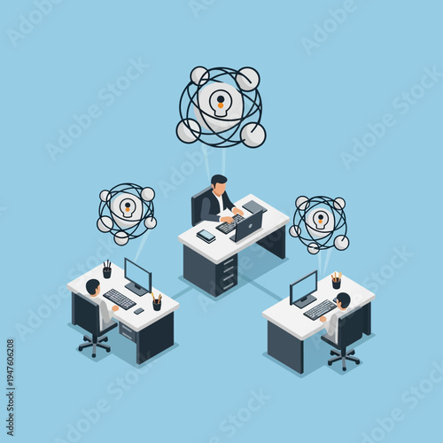 Isometric illustration of a collaborative workspace with connected individuals and shared ideas.