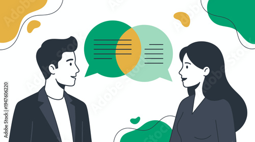 Male marketing manager and female creative director communicating with overlapping speech bubbles on abstract background, concept for effective communication, business collaboration and networking