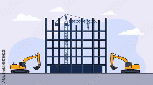 Construction of high rise building with steel frame structure and tower crane between two excavators on site, concept for urban development, architectural engineering and civil infrastructure