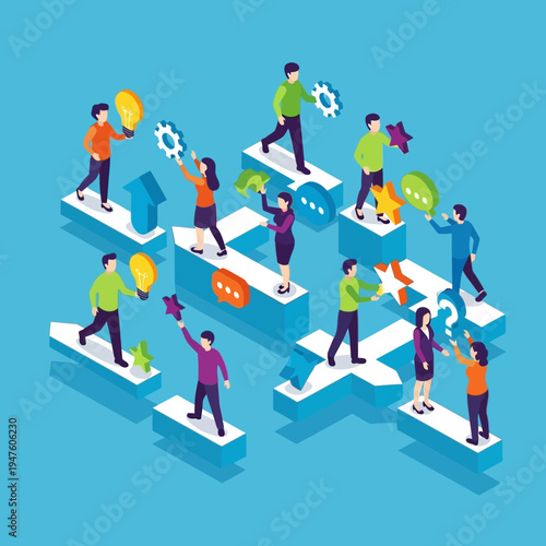 Isometric illustration of diverse people collaborating, sharing ideas, and working together on a project.