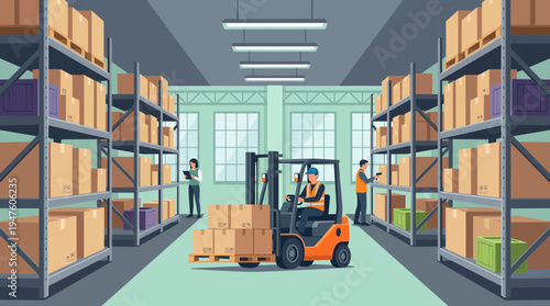 Forklift operator moving cardboard boxes in a busy industrial warehouse with inventory manager and workers scanning stock, concept for logistics management, supply chain and distribution center