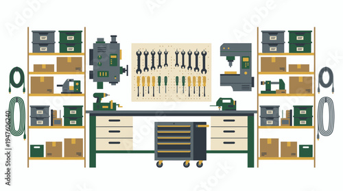 Well organized workshop interior with tools on pegboard and heavy machinery on workbench, concept for industrial garage layout, carpentry workspace organization and mechanical maintenance