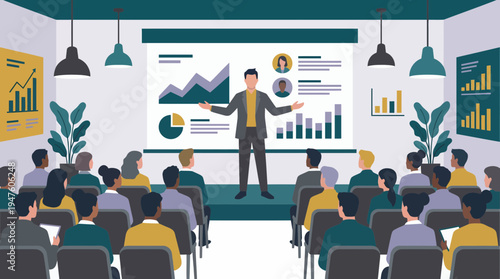 Male senior manager presenting data charts to diverse professional audience in modern conference room, concept for corporate strategy training, business leadership seminar and market analysis