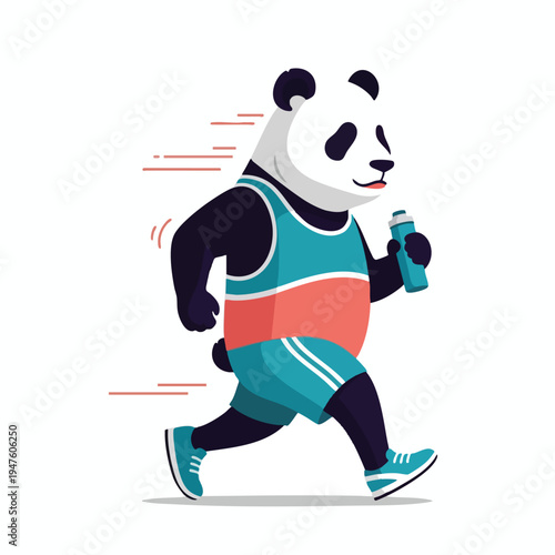 A cartoon panda in athletic wear runs, holding a bottle