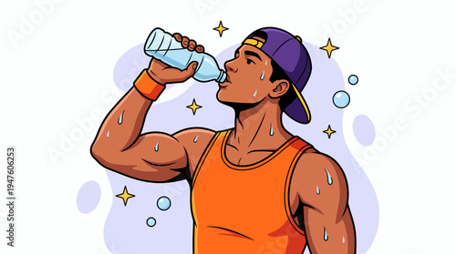 Muscular corporate wellness manager drinking fresh water from plastic bottle after intense workout session, concept for sports nutrition, healthy hydration and corporate wellness campaign