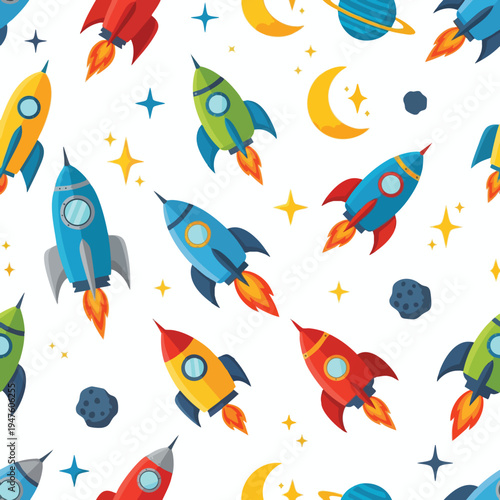 Playful, colorful rockets blast off amidst stars, moons, and planets in a cosmic pattern