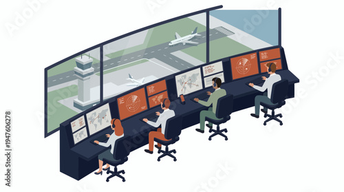 Air traffic controllers monitoring radar screens and aircraft movement in a control tower overlooking the airport runway, concept for aviation management, flight safety and navigation surveillance