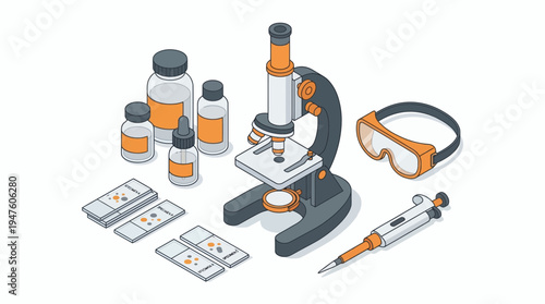 Isometric laboratory equipment set with microscope glass slides specimen vials goggles and pipette on white background, concept for scientific research, medical testing and clinical diagnostics