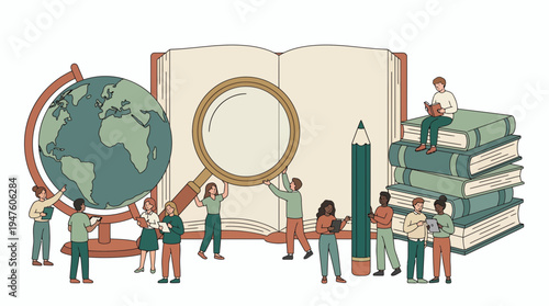Diverse research analysts and specialists studying giant globe with open book and magnifying glass on white, concept for academic research, global education and information analysis