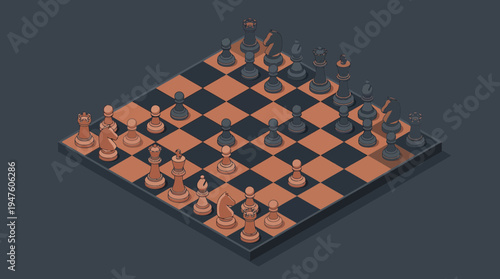 Isometric 3D chess board with black and orange pieces arranged in a strategic mid-game position on a dark gray background, concept for business strategy, competitive planning and gaming