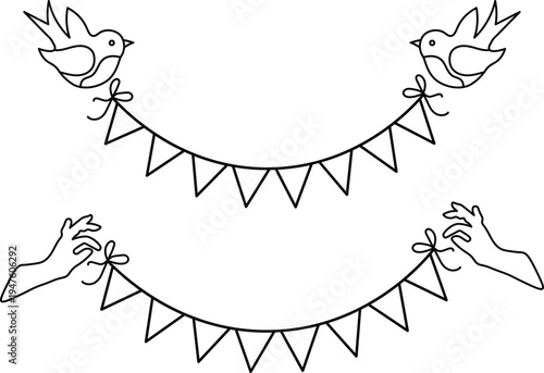 Black and white illustration of a bunting garland with birds and hands