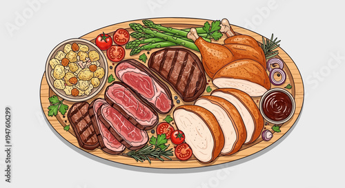 Delicious assortment of grilled meats and vegetables on a platter indoors