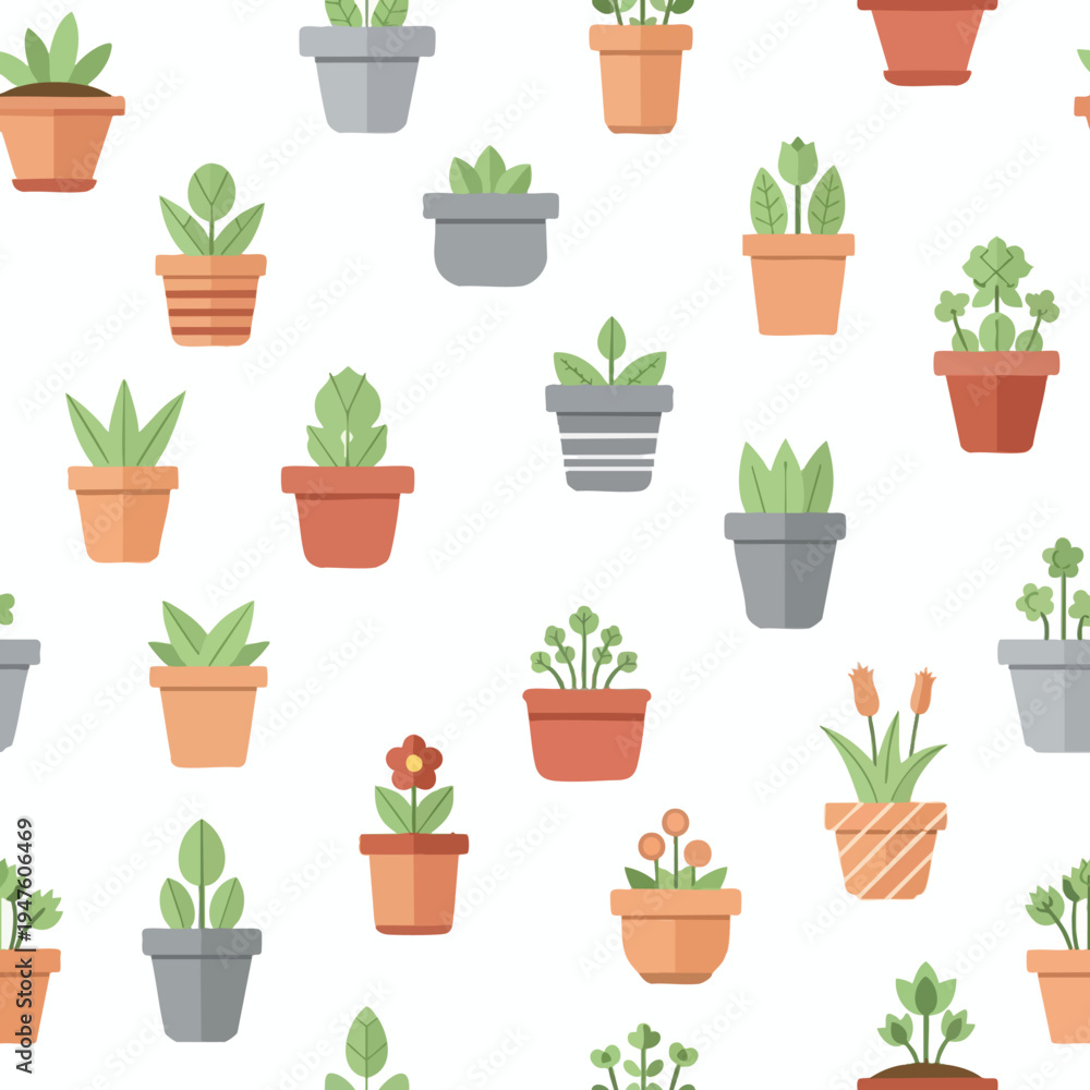 Fototapeta premium A flat illustration pattern of potted plants in various clay and grey pots
