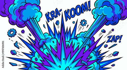 Dynamic comic book explosion with Kra-Koom and Zap text in blue and purple hues on white, concept for graphic novel illustration, action scene background and superhero story design