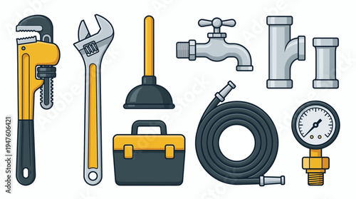 Various plumbing equipment and repair tools including wrench, plunger, faucet and pressure gauge on white background, concept for home maintenance, professional plumbing services and handyman workshop