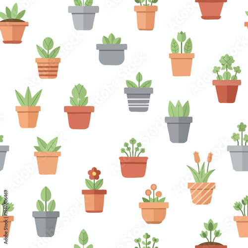 A flat illustration pattern of potted plants in various clay and grey pots