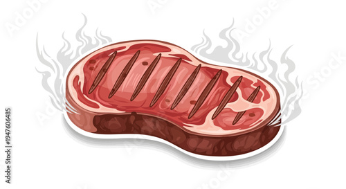 A grilled steak sizzles on a hot surface with smoke rising.