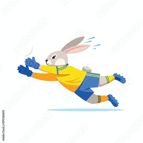 A grey rabbit in a yellow and blue soccer uniform dives mid-air, reaching for a crescent shape