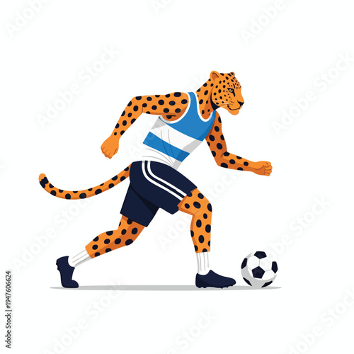 Spotted leopard in athletic wear plays soccer with a ball, motion blur